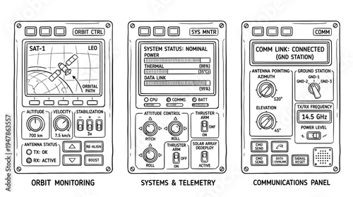 Retro Spacecraft Control Panels in Detailed Line Art