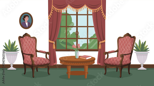 Elegant vintage living room interior with antique armchairs wooden coffee table red curtains window and portrait on the wall,