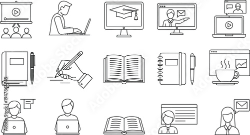 Online education concept with video lessons computers and people learning digital courses and remote work