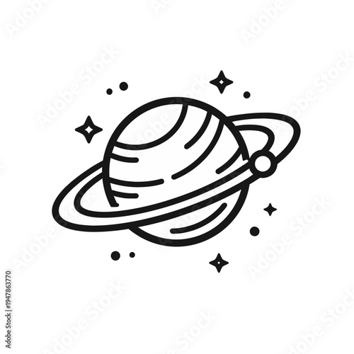 Whimsical Line Art Illustration of Saturn with Rings and Stars, a Cosmic and Celestial Design