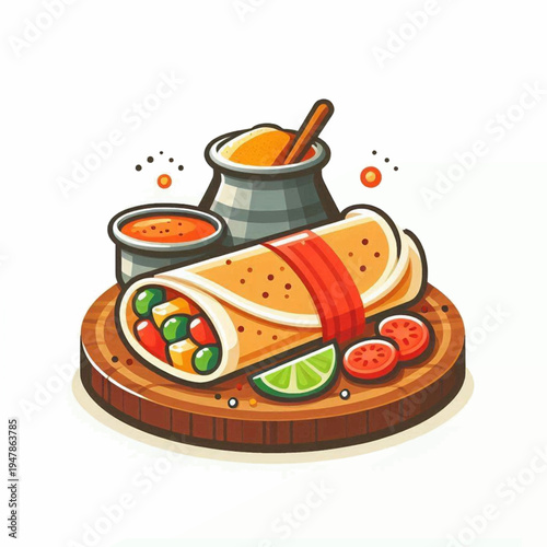 Stylized Cartoon Burrito Platter with Colorful Fillings Dips and Lime Garnish.