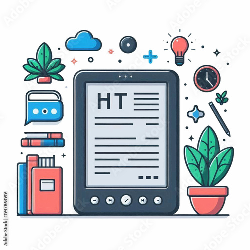 Stylized dark grey ereader tablet displaying a digital page with text and control buttons at the bottom.