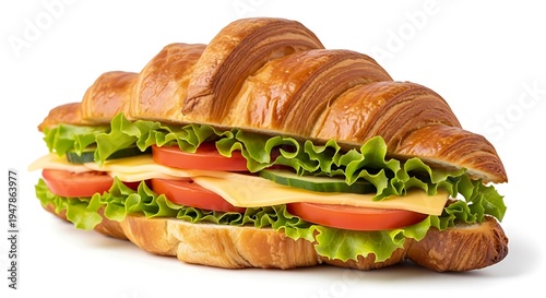 Fresh vegetarian croissant sandwich on white background
