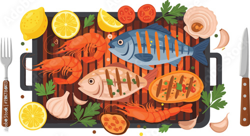 Grilled Seafood Platter with Shrimp, Fish, Lemon, and Fresh Herbs, BBQ Grilled Fish and Shrimp Meal Illustration for Food Menus and Recipes