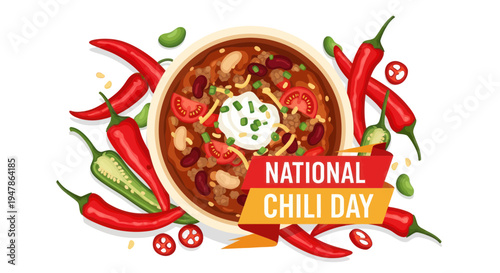 National Chili Day Celebration: Hearty Bowl of Chili with Toppings and Peppers
