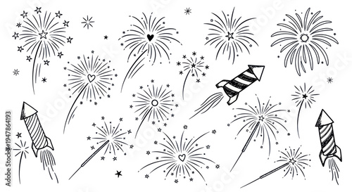Hand-drawn fireworks and rockets illustration, festive doodle art