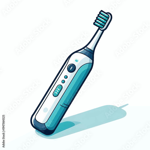 Stylized illustration of a modern blue and white electric toothbrush with indicator lights.
