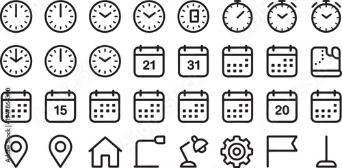 Various black and white of clocks calendars and business time organization