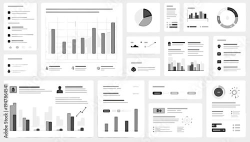 A minimalist, grayscale interface depicting data analysis and visualization. Ideal for illustrating reports, technology articles, or modern business c
