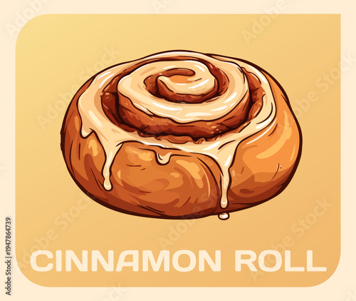 Cinnamon roll beloved gourmet pastry vector illustration. Perfectly swirled dough coated in a luscious cream glaze cartoon icon. Rich texture and inviting aroma of culinary delight for food blogs