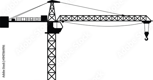Black silhouette of a tall construction tower crane isolated on white background for industrial and engineering design,