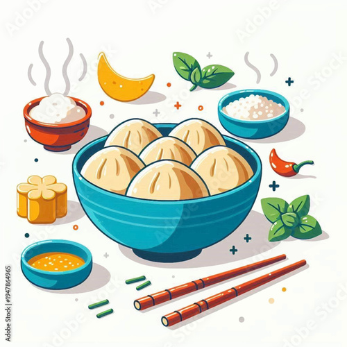 Vibrant cartoon illustration of an Asian food set with steamed buns rice and dipping sauce.