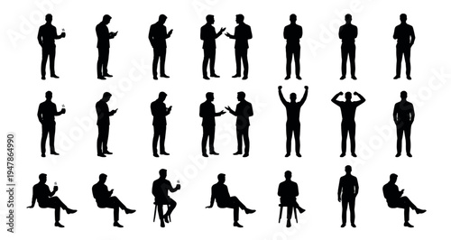 Office Break Activities Silhouette Set Pack. Editable Vector Illustration. featuring silhouette, vector, man, male, business, people, illustration, set, collection, standing, sitting, talking more.
