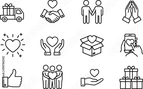 Charity and donation line icons showcasing heart shapes shaking hands and voluntary gift giving acts