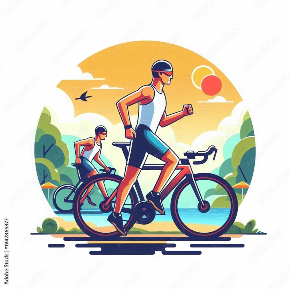 Fototapeta premium Vibrant illustration of a male triathlete running beside his bicycle during a sunny outdoor competition.
