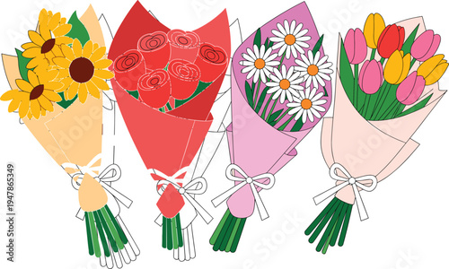 Colorful vector illustration set of beautiful flower bouquets including sunflowers roses daisies and tulips for spring celebration,