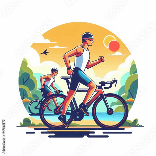Vibrant illustration of a male triathlete running beside his bicycle during a sunny outdoor competition.