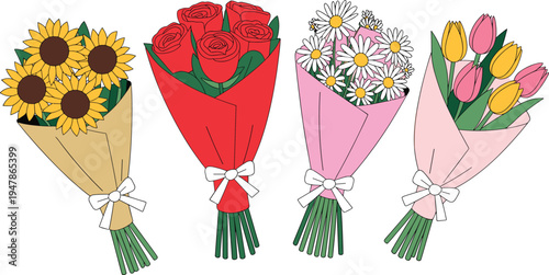 Colorful vector illustration set of beautiful flower bouquets including sunflowers roses daisies and tulips for spring celebration,