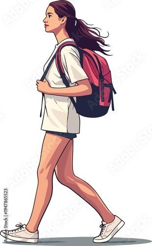donna che cammina con zaino in pantaloncini o gonna vettoriale 