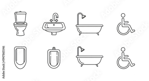 Bathroom Fixtures and Accessibility Icons Outline Set.