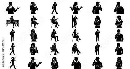 Phone Call Conversations Silhouette Set Pack. Editable Vector Illustration. featuring silhouette, communication, mobile, people, graphic, illustration, phone, call, business, woman, man, stand more.