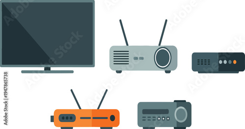 Set of Modern Electronic Multimedia Devices Including Smart TV, Projectors, and Network Routers Vector Illustration