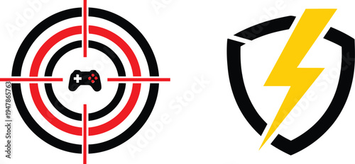 Gaming target with controller icon and electricity shield protection symbol set now