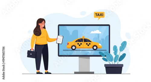 Woman Booking Yellow Taxi Online.