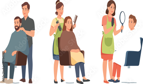 Set of Professional Hairdressers Cutting and Styling Hair for Clients in a Modern Beauty Salon Vector Illustration
