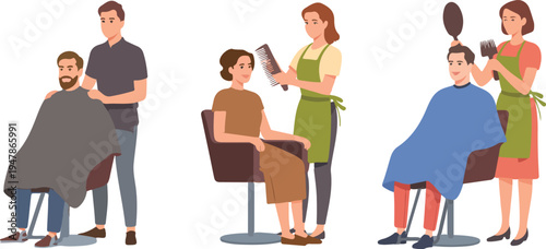 Set of Professional Hairdressers Cutting and Styling Hair for Clients in a Modern Beauty Salon Vector Illustration