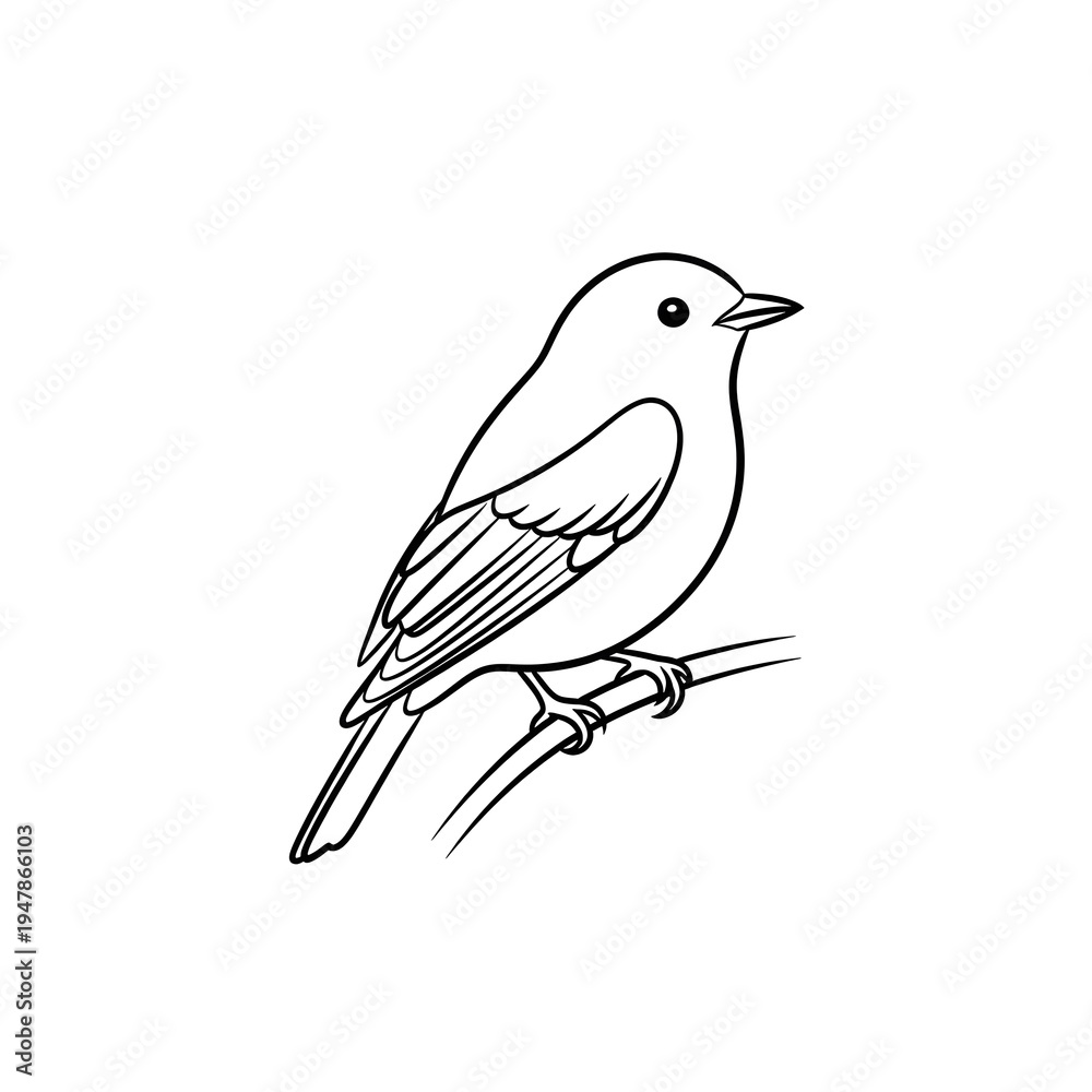 Obraz premium Simple outline drawing of a small bird perched on a thin branch, clean minimal style