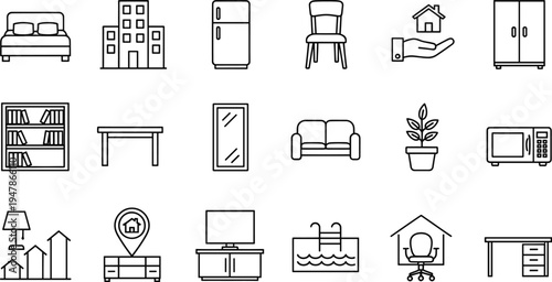 Set of home and furniture line icons. interior design, household symbol, appliance icon