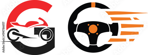 Letter G with motorcycle and steering wheel for speed