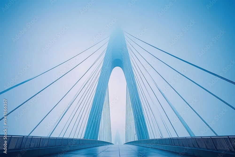 Obraz premium Symmetrical modern cable-stayed bridge with pedestrian walkway and sweeping cables vanishing into mist, a calm blue minimalist scene