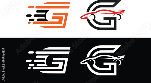 Letter G with racing car and speed lines, creative automobile letter on background