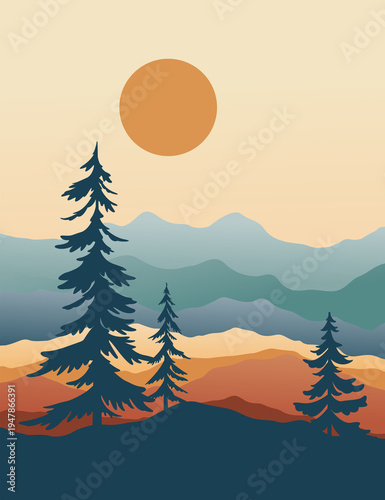 Landscape illustration , nature landscape background.wall art vector. Foliage line art drawing with abstract shape.Plant Art design for print, cover, wallpaper, Minimal and natural wall.