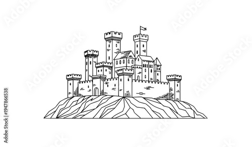 Medieval castle sketch vector illustration on rocky hill