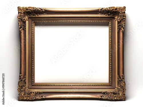 Elegant Ornate Gold Antique Picture Frame Isolated on White Background with Soft Shadow, Classic Baroque Style Vintage Border for Art and Photography Mockup