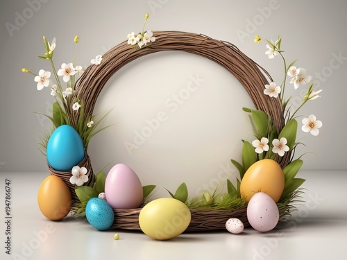 Easter Wreath Frame with Colorful Pastel Eggs, Spring Flowers and Green Leaves on a Neutral Background with Copy Space for Text