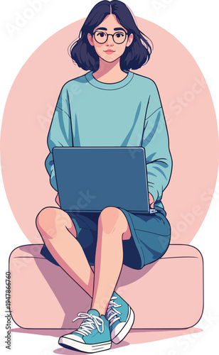 donna o uomo al computer che usa un laptop in ufficio casa al bar vettoriale, portatile	
