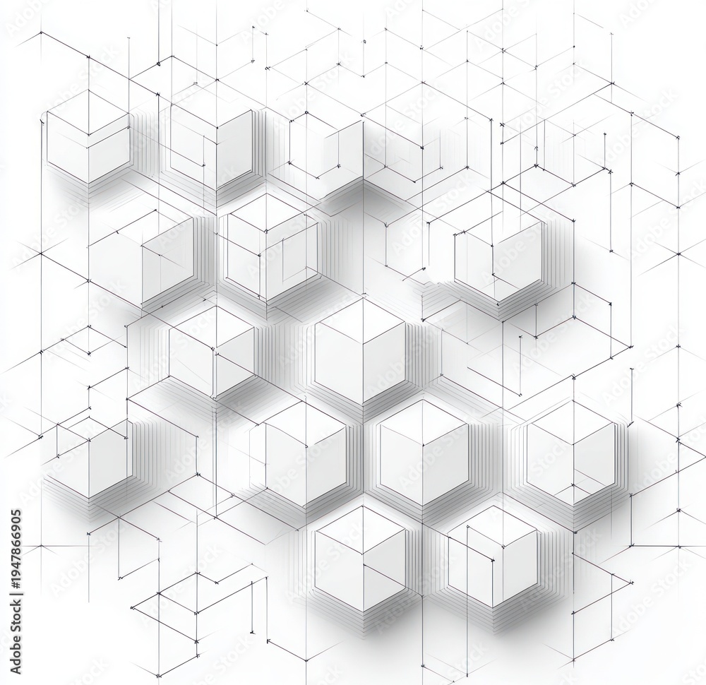 Fototapeta premium Abstract isometric cubes arranged in a delicate wireframe grid with layered shadows, creating a futuristic, precise geometric composition.