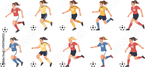 Large collection of young girls playing soccer characters set with footballs and sports uniforms vector illustration isolated on white background for athletic design