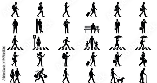 Street Pedestrians Silhouette Set Pack. Editable Vector Illustration. featuring silhouette, people, pedestrian, walking, man, woman, child, commuter, businessman, traveler, backpack, luggage more.