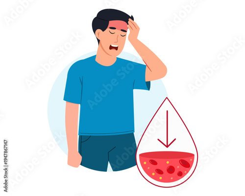 Man suffers from anemia and dizziness low hemoglobin vector illustration