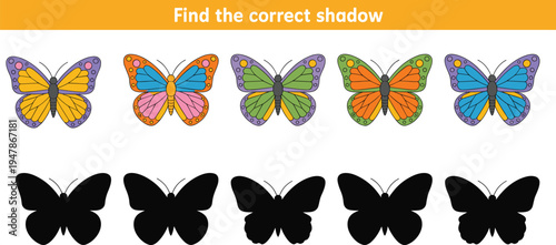 Find the correct shadow educational game for children with colorful butterfly characters vector illustration set isolated on white background for preschool learning.