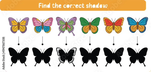 Find the correct shadow educational game for children with colorful butterfly characters vector illustration set isolated on white background for preschool learning