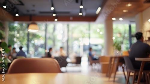 Blurred view inside a coffee shop with customers sitting at tables. Interior of a cafe with people working and socialising. Relaxing atmosphere in a modern restaurant or cafeteria.