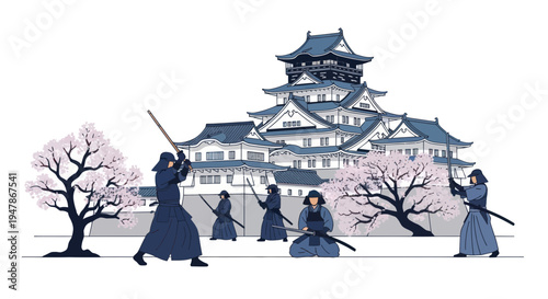 Samurai Warriors Practice Kendo in Japanese Castle Garden with Cherry Blossoms