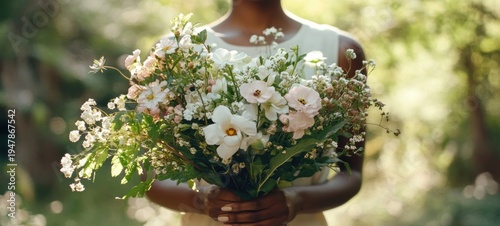 African american woman holding a bouquet of white wildflowers in forest. Girl with floral arrangement in park. Natural beauty and summer freshness concept. Romantic greeting card gift.