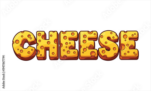 Cartoon illustration of the word cheese made from swiss cheese blocks
